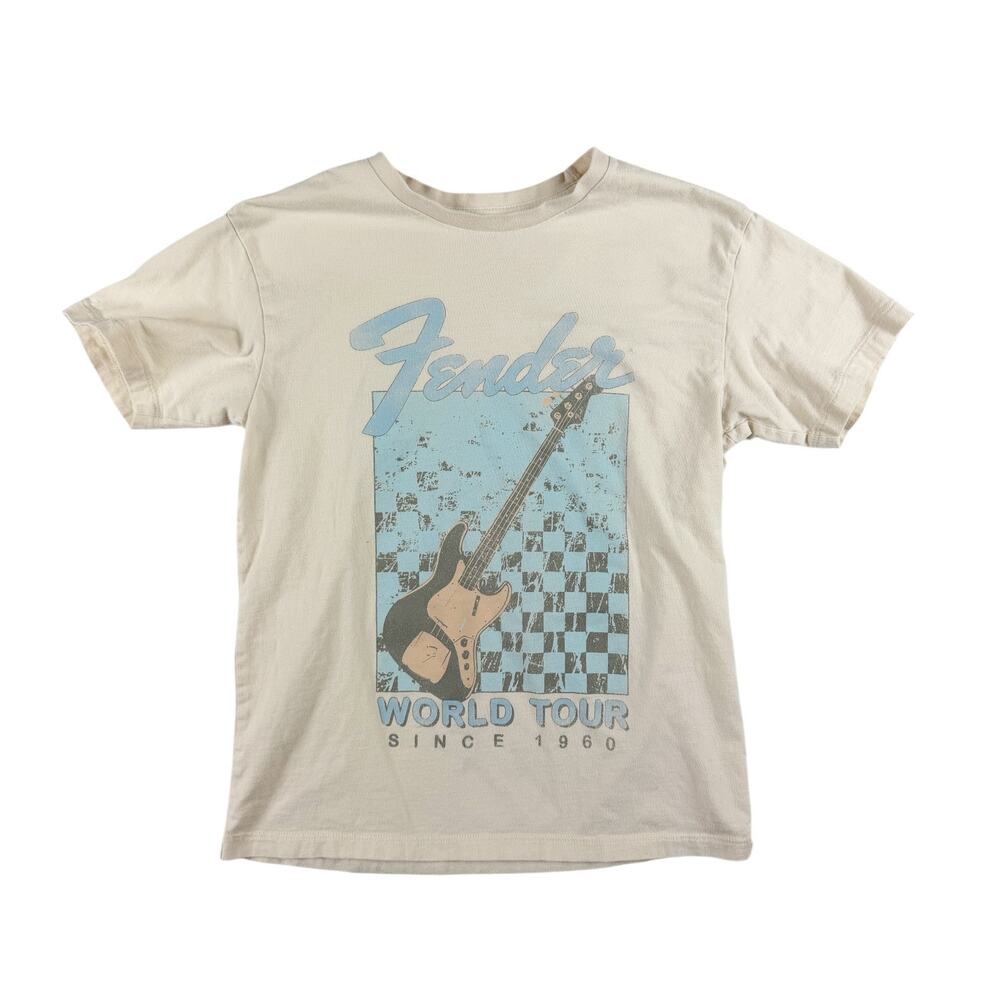 Fender World Tour Graphic T-Shirt Cream Blue Retro Guitar Tee Youth Medium 8/10